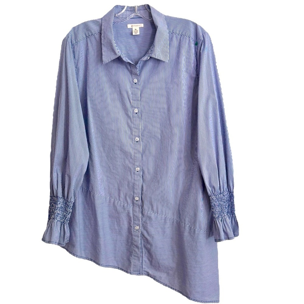 Westbound Size XL Blue/White Stripe Asymmetrical Hem Button Smocked Long Sleeve